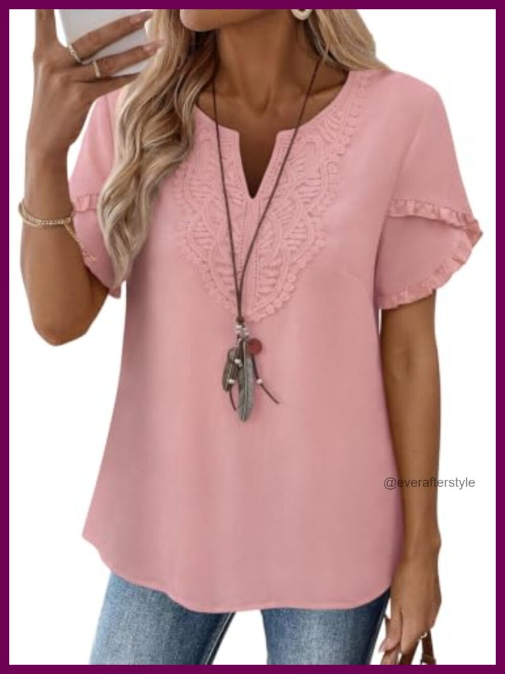 Womens Boho Lace V Neck Ruffle Sleeve Summer Tunic Top Blouse
